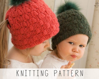 Ponytail Hat KNITTING PATTERN Girls Beanie Knit Pattern Messy Bun Hat Pattern, Kids Textured Winter Hat, Women's Aran Hat Pattern I Abbey