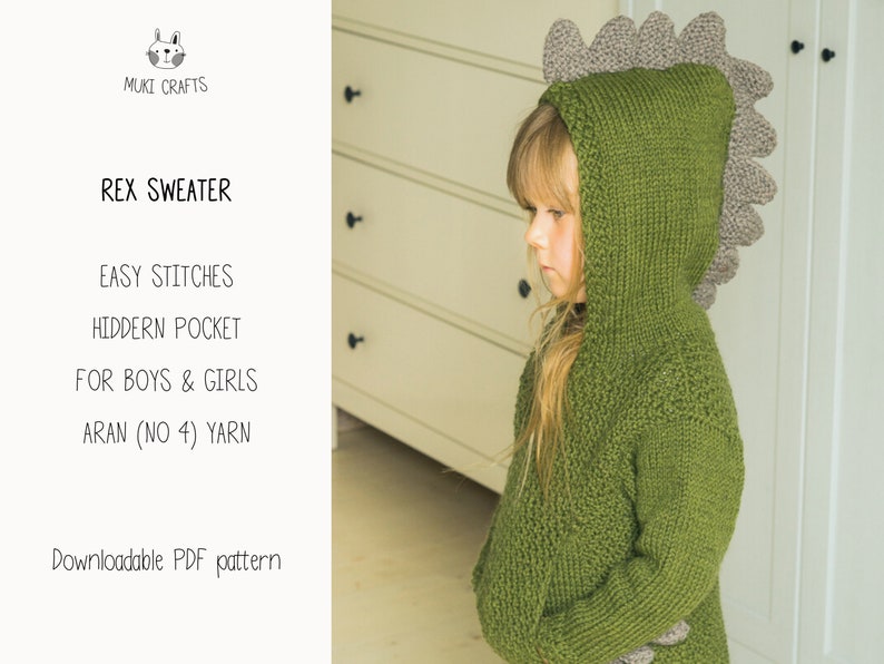 KNITTING PATTERN dinosaur sweater knitting pattern x Dragon Hoodie Knitting Pattern Kids x Kids Hoodie Pattern x Boys Knitting Patterns Rex image 2