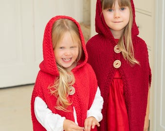 フード付きケープの編み図、子供と幼児向けの赤ずきんポンチョの編み図