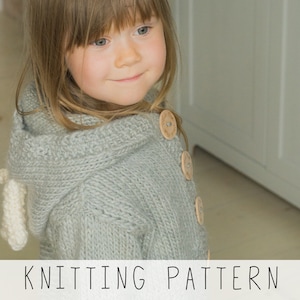 girl wearing a hooded chunky cardigan with reindeer antlers, knitting pattern to make kids jacket