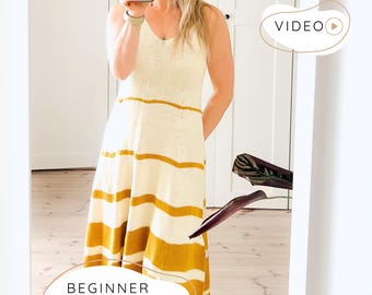 Dress KNITTING PATTERN, Summer Maxi or Mini Dress Pdf with V neck and A shape, Sleeveless Bodycon for Women S-XXL, Modern Minimalist I Lbd