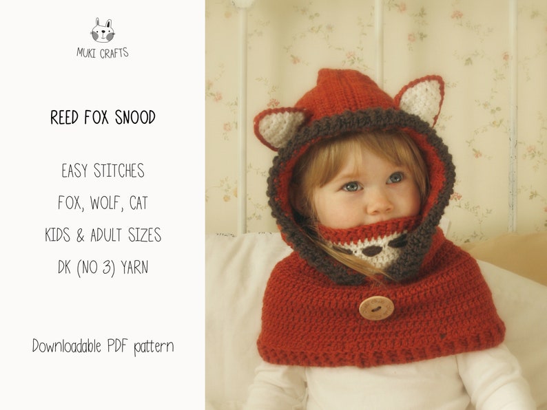 Fox Hooded Cowl CROCHET PATTERN Fox Crochet Pattern with Video Instructions, Pointed Ears Easy Kids Hoodie Crochet Pattern Fox Hood I Reed image 2