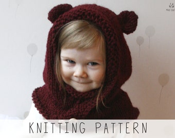 Hooded Cowl KNITTING PATTERN Bear Snood Knit Pattern Animal Hat, Bear Costume with Round Ears, Cowl with Hood and Inner Cowl Pattern I Rowan