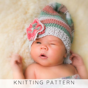 Long Tail Baby Hat KNITTING PATTERN, Striped elf hat with flower, flat knit PDF pattern in 6 sizes newborn to child I Paris Hat