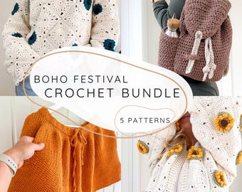 5 Boho Festival CROCHET PATTERN Bundle, Summer Concert Outfit PDF, Granny Square Sweater, Crochet Shorts and Backpack, 5 Pattern Set