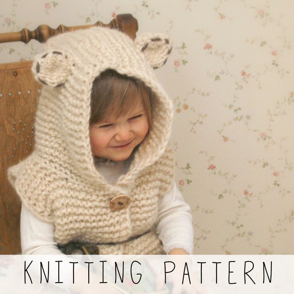 Hooded Vest KNITTING PATTERN Kids Vest Knit Pattern with Hood, Round Ears, Sleeveless Sweater Pattern for Beginners, Knit Bear I Sheridan