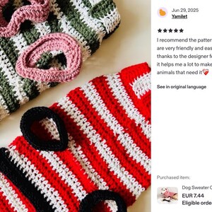May include: Crocheted dog sweaters in red and white stripes, and green, white, and pink stripes. The sweaters have decorative elements and are handmade. The image includes text that says "Dog Sweater CROCHET PATTERN".