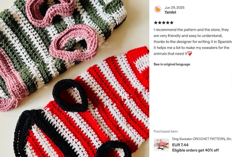 May include: Crocheted dog sweaters in red and white stripes, and green, white, and pink stripes. The sweaters have decorative elements and are handmade. The image includes text that says "Dog Sweater CROCHET PATTERN".