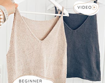 Knit Tank Top KNITTING PATTERN with V-neck, Modern Summer Knit Camisole Pattern, Easy Sleeveless Shirt (XS to 3XL size) with Video I Alpha