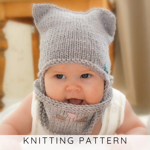 Cat Earflap Hat & Cowl KNITTING PATTERN Rectangular Hat Knit Pattern baby, toddler, kids and adult size winter hat PDF pattern I Cat Set