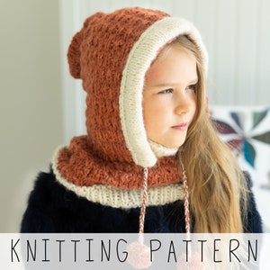 Hooded Cowl KNITTING PATTERN Snood Knit Pattern Kids and Adult Winter Hood with Chunky Yarn, Poms and Inner Cowl Beginner Pattern I Jordan