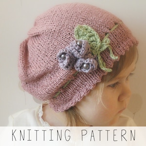 Light Slouch Hat KNITTING PATTERN Girls Summer Beanie Knit Pattern with Crochet Flowers, Beginners Knit Hat for Toddlers I Hannah