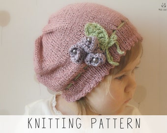 Light Slouch Hat KNITTING PATTERN Girls Summer Beanie Knit Pattern with Crochet Flowers, Beginners Knit Hat for Toddlers I Hannah