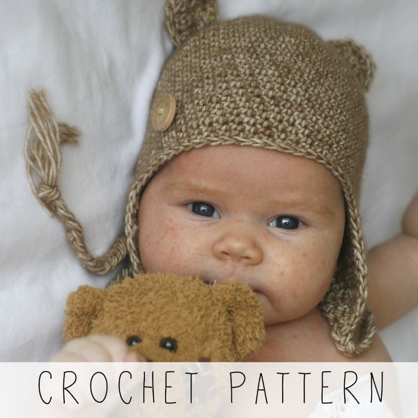Baby Bear Hat CROCHET PATTERN Earflap Hat Crochet Pattern with Round Ears, Baby Crochet Hat Pattern Newborn Beanie Bear Pattern I Ferdinand