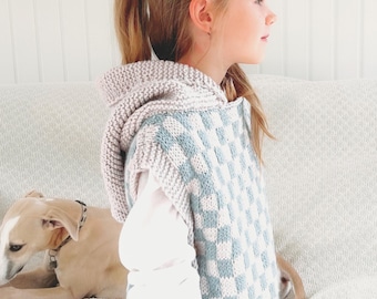Kinder Kapuzen Poncho STICKMUSTER, Aran Poncho mit Color Block Muster I Carter