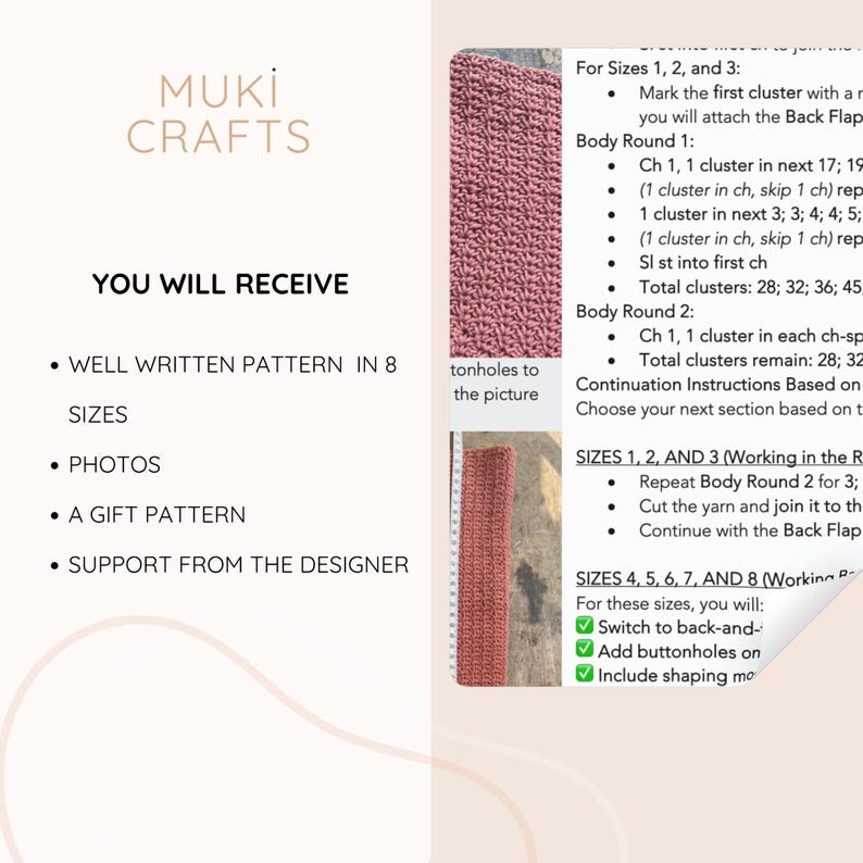 May include: A digital crochet pattern document from Muki Crafts featuring text instructions for eight sizes, including photos of dusty rose textured fabric, a measuring tape next to a crocheted strip, and step-by-step written guidance.