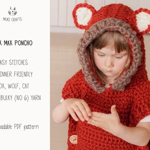 Wolf Poncho CROCHET PATTERN Chunky Fox Poncho Crochet Pattern with Pointed Ears, Wolf Pattern, Kids Rectangle Crochet Poncho Pattern I Max image 2