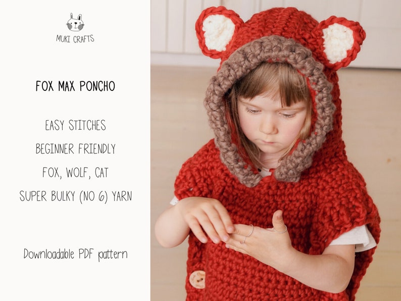 Wolf Poncho CROCHET PATTERN Chunky Fox Poncho Crochet Pattern with Pointed Ears, Wolf Pattern, Kids Rectangle Crochet Poncho Pattern I Max image 2