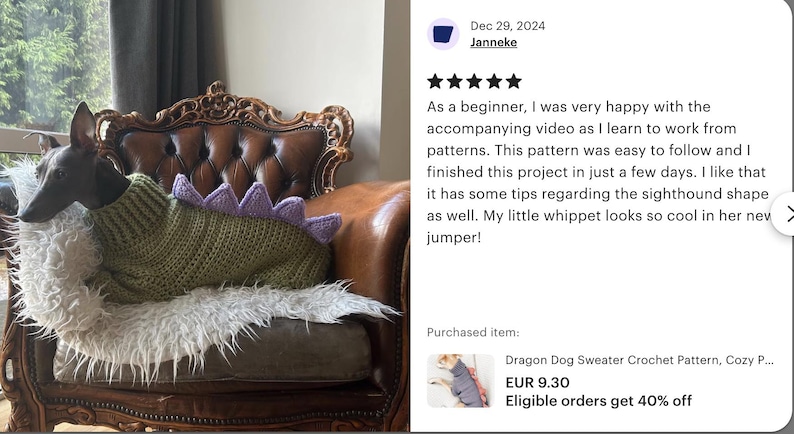 May include: A dark-colored sighthound dog wearing a textured olive green crocheted sweater featuring a row of light purple triangular spikes along the back. The sweater has a high ribbed collar and covers the dog's torso, providing a snug fit.