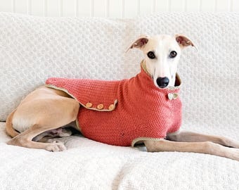 Może przedstawiać: Pies w koralowym swetrze dla psa z szydełka z drewnianymi guzikami i beżowym wykończeniem. Pies leży na białej kanapie. Tekst "CROCHET PATTERN" znajduje się na dole obrazu.