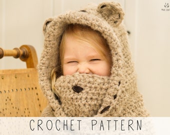 Bear Hooded Cowl CROCHET PATTERN Kids Bear Hat Crochet Pattern Animal Snood, Bear Costume, Hooded Cowl with Inner Cowl, Round Ears I Jacob