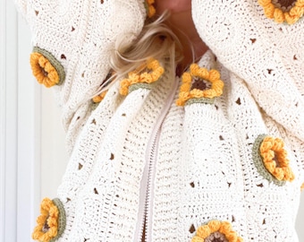 Sunflower Granny Square Cardigan CROCHET PATTERN, Floral Boho Patchwork Sweater Pdf, Retro Flower Oversized Coat (Sizes S-XL) I Sunflower