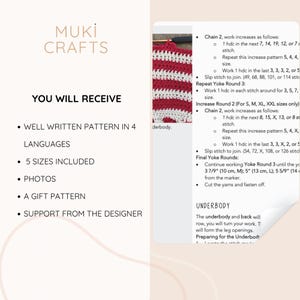 May include: Image features a crochet pattern by Muki Crafts. The text highlights that the pattern is well-written, available in 4 languages, includes 5 sizes, and offers photos and a gift pattern. The crochet project is red and white.
