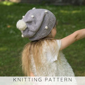 Slouchy Hat KNITTING PATTERN Girls Winter Hat Knit Pattern Easy Slouch Beanie with Snowballs, Kids Hat Knitting Pattern for Beginners I Elsa
