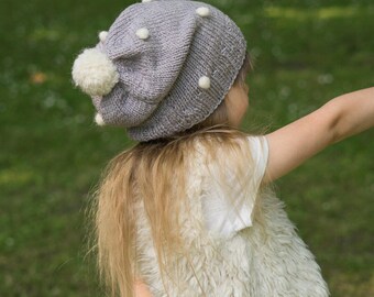 Slouchy Hat KNITTING PATTERN Girls Winter Hat Knit Pattern Easy Slouch Beanie with Snowballs, Kids Hat Knitting Pattern for Beginners I Elsa