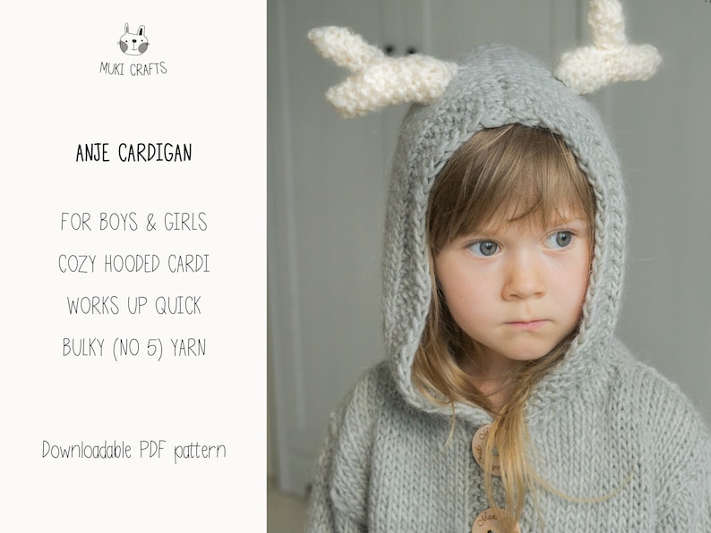 Hooded Reindeer Cardigan KNITTING PATTERN Kids Jacket Knit Pattern Christmas Sweater Toddler Cardigan with Hood and Antlers I Anje image 2