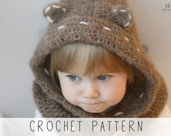 Teddy Bear Hooded Cowl CROCHET PATTERN Animal Snood Crochet Pattern, Toddler Crochet Cowl Pattern, Round Ears, Bear Crochet Pattern I Tom