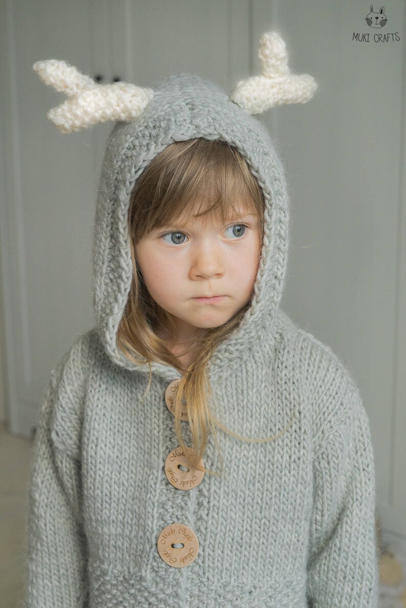 Knitting Pattern Reindeer Cardigan Anje With Hood And Antlers Toddler And Kids Sizes Knitting Pattern Reindeer Cardigan Anje With Hood And Antlers Toddler And Kids Sizes