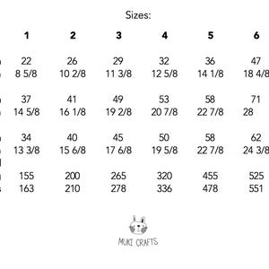 May include: A black and white sizing chart titled Sizes with columns numbered 1 through 7. It lists measurements for neck, chest, and length in cm and inches, plus yarn total in grams and yards. At the bottom is a small rabbit icon and MUKI CRAFTS.