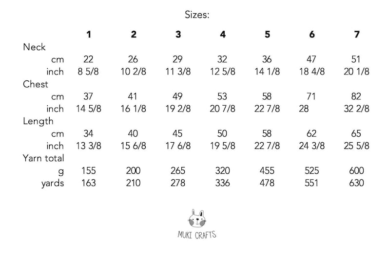 May include: A black and white sizing chart titled Sizes with columns numbered 1 through 7. It lists measurements for neck, chest, and length in cm and inches, plus yarn total in grams and yards. At the bottom is a small rabbit icon and MUKI CRAFTS.