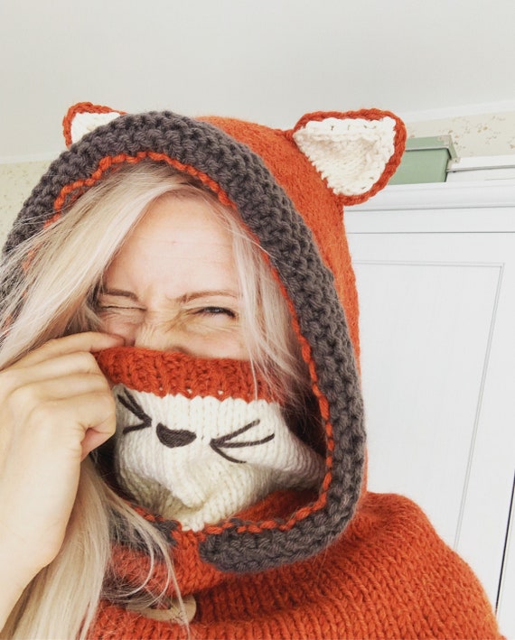 Fox Hooded Cowl Rene With Inner Cowl, Animal Themed Balaclava With 