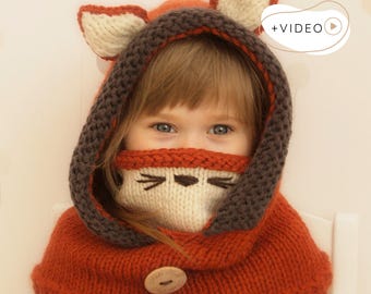 Fox Hooded Cowl KNITTING PATTERN, Fox Snood Knit Pattern PDF, Video Knitting Pattern, Animal Hat, Knit Fox Costume, Wolf Pattern I Rene