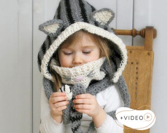 Modèle de bonnet chat au crochet avec vidéo, bonnet chaton à oreilles pointues et capuche, snood animal pour bébé et adulte I Misty
