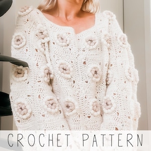 Granny Square Sweater CROCHET PATTERN, Vintage Puff Stitch Jumper pdf (S-M, L-XL), Beginner-Friendly Crochet Top Pattern I Lily