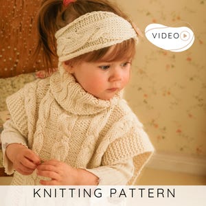 Conjunto de patrones de punto para poncho y diadema con trenzas en formato PDF con videotutorial, capa corta de punto plano con cuello acanalado y orejeras a juego / Robyn