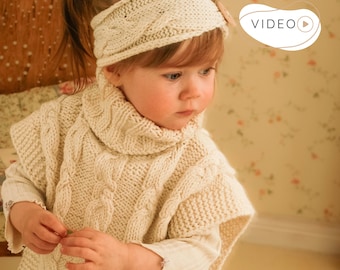 Zopfmuster Poncho und Stirnband Strickanleitung Set PDF mit Video Anleitung, Rippen Kragen Flachstrick Cape mit Passender Ohrwärmer | Robyn