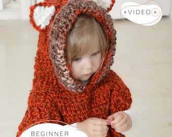 Patrón de ganchillo de zorro, patrón de poncho con capucha de lobo para niños, capa con capucha de animal gruesa, videotutorial I Fox Max
