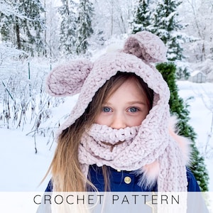 Bunny Hooded Scarf CROCHET PATTERN, Kids Hooded Cowl with Pockets, Toddler Snood Pattern, DIY Bunny Scarf Tutorial I Suede