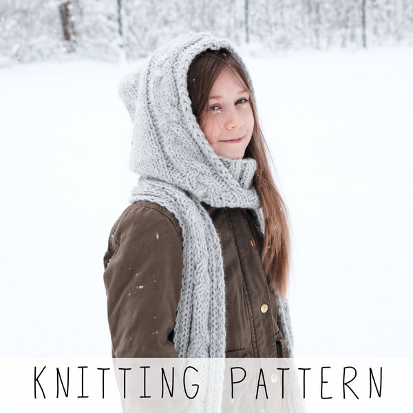 Hooded Scarf KNITTING PATTERN Cable Hoodie Knit Pattern with Pocket Scarf and Inner Cowl, Chunky Kids Hooded Scarf Pattern I Brooklyn