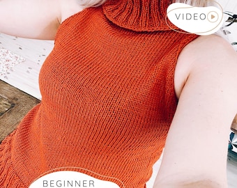 Beginner KNITTING PATTERN, Turtleneck Top with Video Tutorial, Easy Step-by-Step Knit Sweater Vest, Sleeveless Collared Top Pattern I LIT