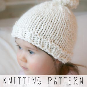 Easy Beanie KNITTING PATTERN, Beginner Hat Pattern, Baby to Adult Sizes Pompom Hat, Chunky Knit PDF Download I Harper