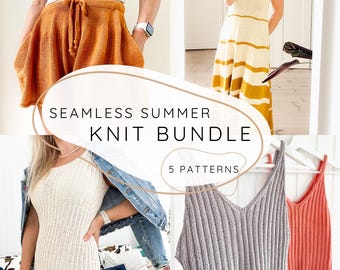 5 Seamless Summer KNIT PATTERN Bundle, Easy In The Round Knitting Pattern, Ribbed Dress, Tank Top, Knit Shorts PDF, Beginner Knit Wardrobe