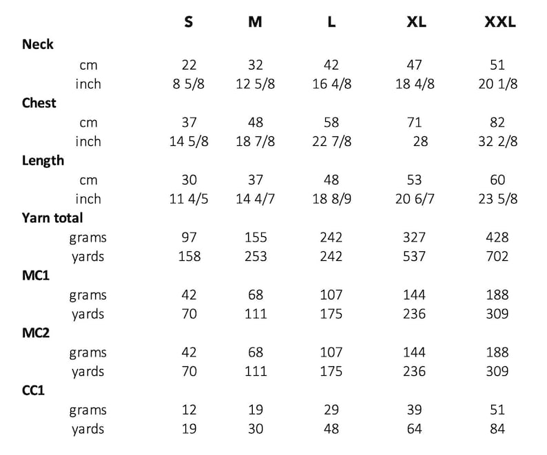 May include: A white chart with black text detailing garment measurements. Sizes range from S to XXL, with measurements in inches and centimeters for neck, chest, and length. Yarn totals are also listed in grams and yards.