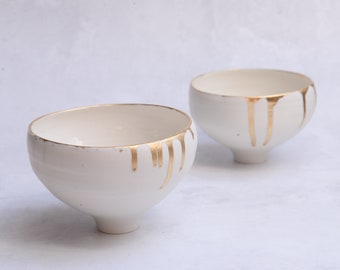 Elegant white porcelain bowl with gold rim, handmade porcelain, unique gift, tableware