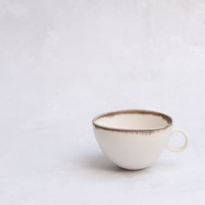Porcelain tea/coffee cup, bronze gold white, handmade wheel thrown, minimal image 2