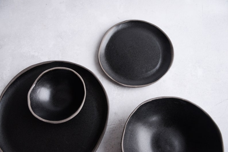 BLACK on GREY plates and bowls dinner set, Handmade handcrafted anthracite stoneware, satin matte glaze, natural nordic rustic image 2